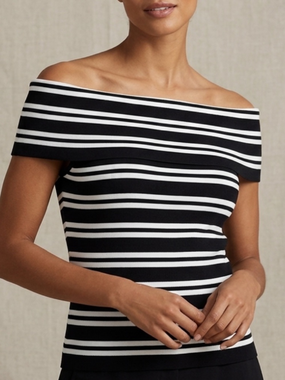 NWT Lauren Ralph Lauren Striped Off-the-Shoulder Knit Top Black White XXL